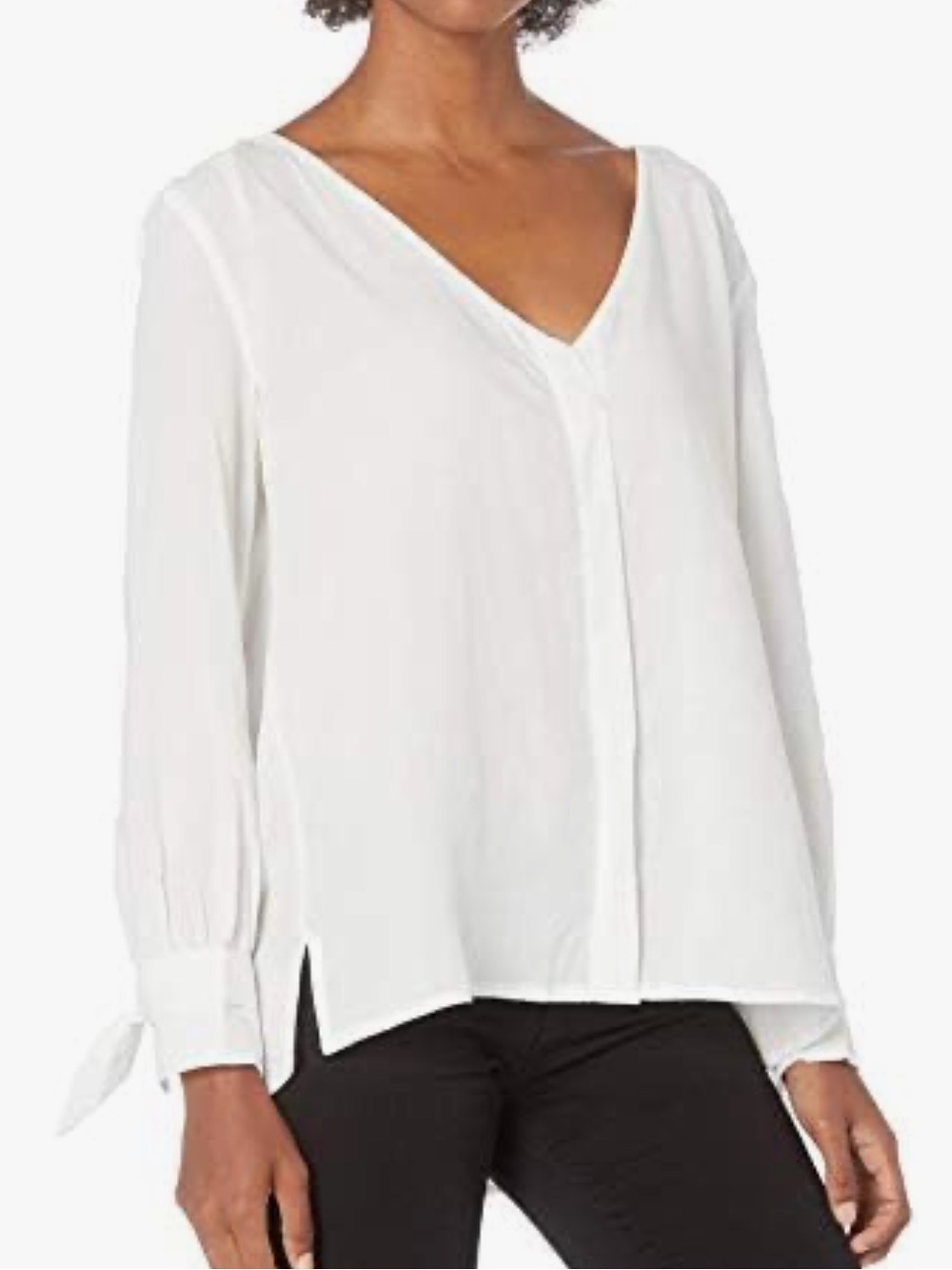 Lola Jeans Linen Tencel Button Down V-Neck Crisp White Casual Tie Cuff Shirt